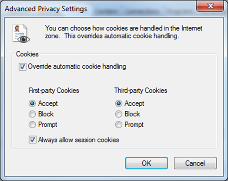First and third party cookies have accept radio button selected, always allow session cookies checkbox checked